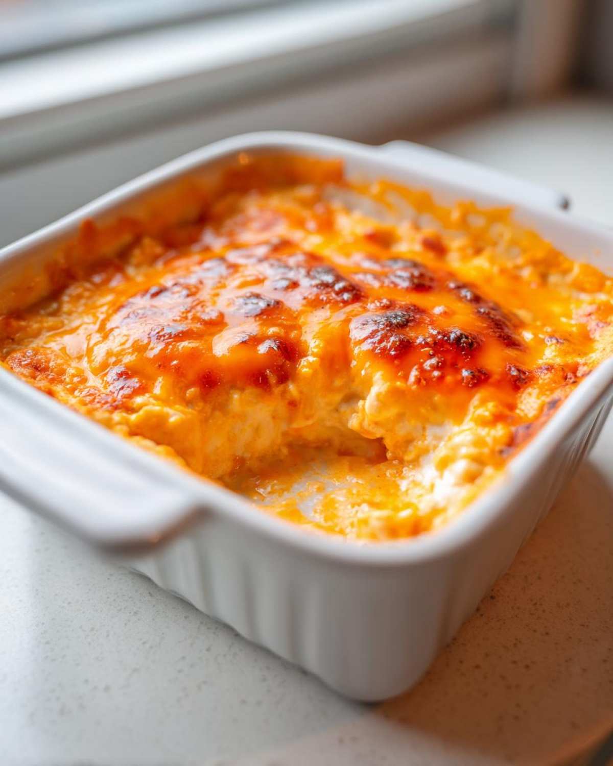Close-up of hot, bubbly cottage cheese buffalo chicken dip with a browned, cheesy top in a square white baking dish.