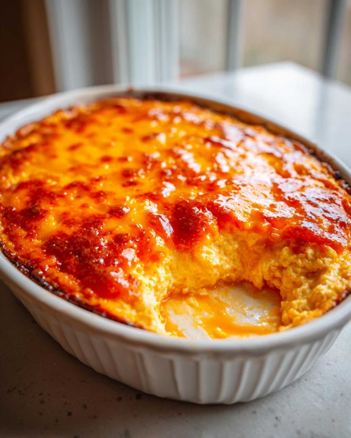 Close-up of baked cottage cheese buffalo chicken dip in a white oval dish, showing a scoop removed.