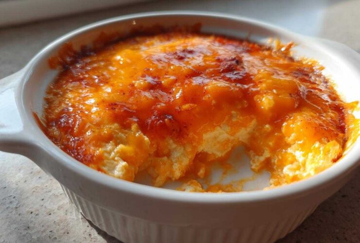 Close-up of baked cottage cheese buffalo chicken dip with a melted, bubbly orange cheese topping in a white baking dish.