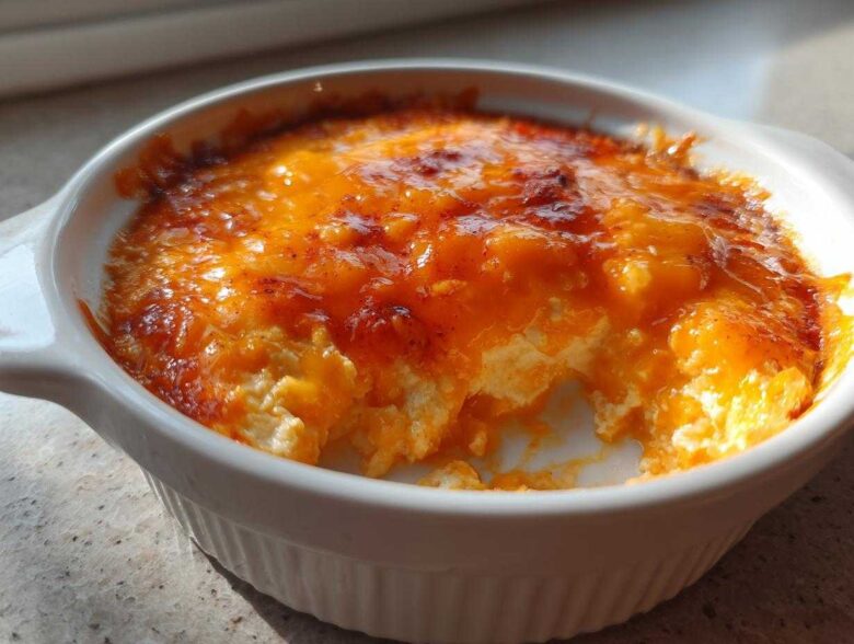 Close-up of baked cottage cheese buffalo chicken dip with a melted, bubbly orange cheese topping in a white baking dish.
