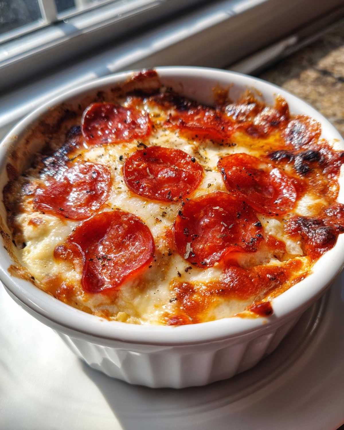 Close-up of a baked cottage cheese pizza bowl topped with melted cheese and pepperoni slices.