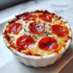 Close-up of a baked cottage cheese pizza bowl topped with melted cheese, pepperoni slices, and herbs.