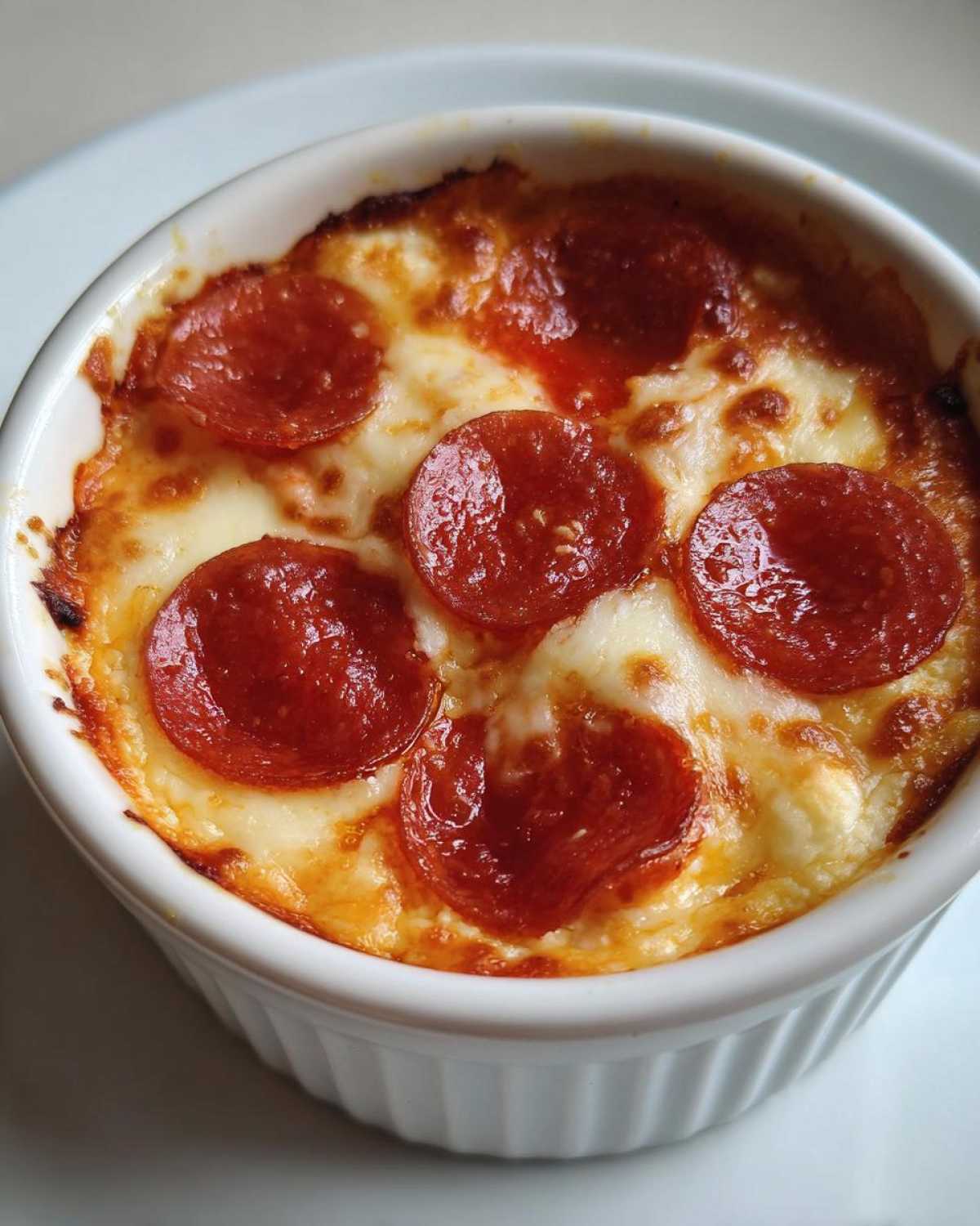 Close-up of a baked cottage cheese pizza bowl topped with melted cheese and pepperoni slices.