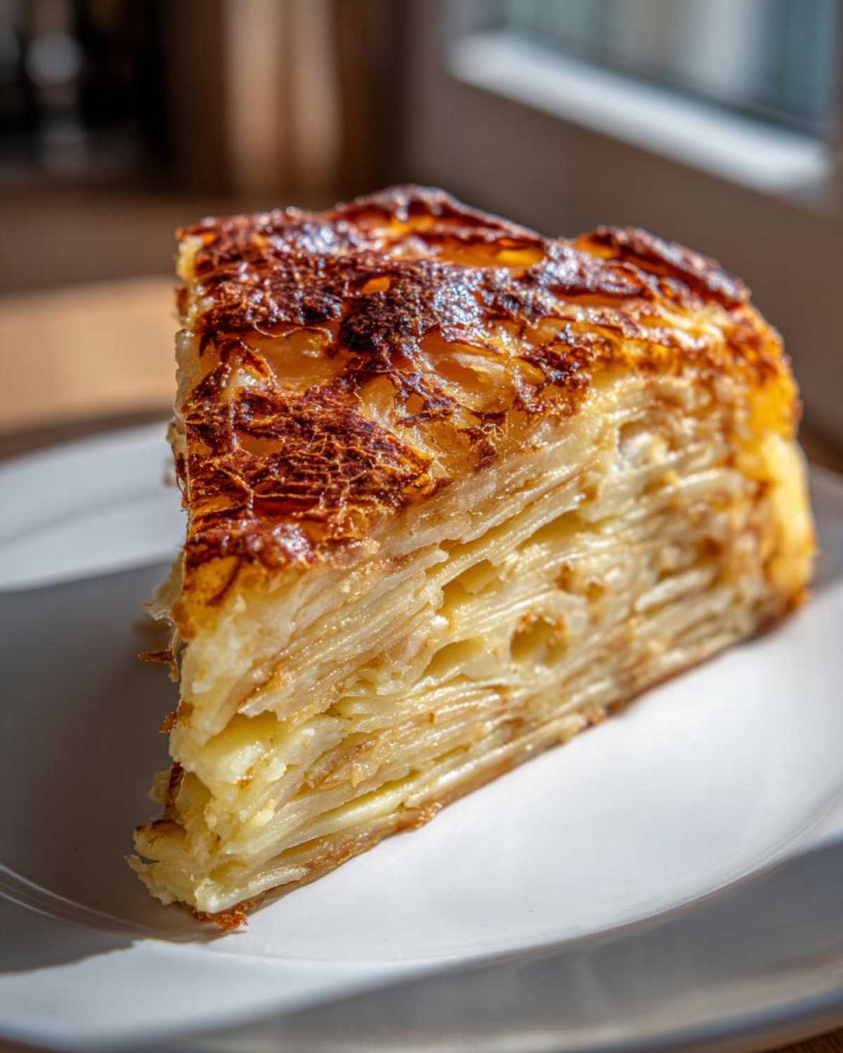 A thick slice of Balsamic Thyme Potato Torte showing many thin, golden layers and a deeply browned, crispy top crust.