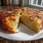 A golden-brown Balsamic Thyme Potato Torte, sliced to show its many crispy layers, served on a white plate.