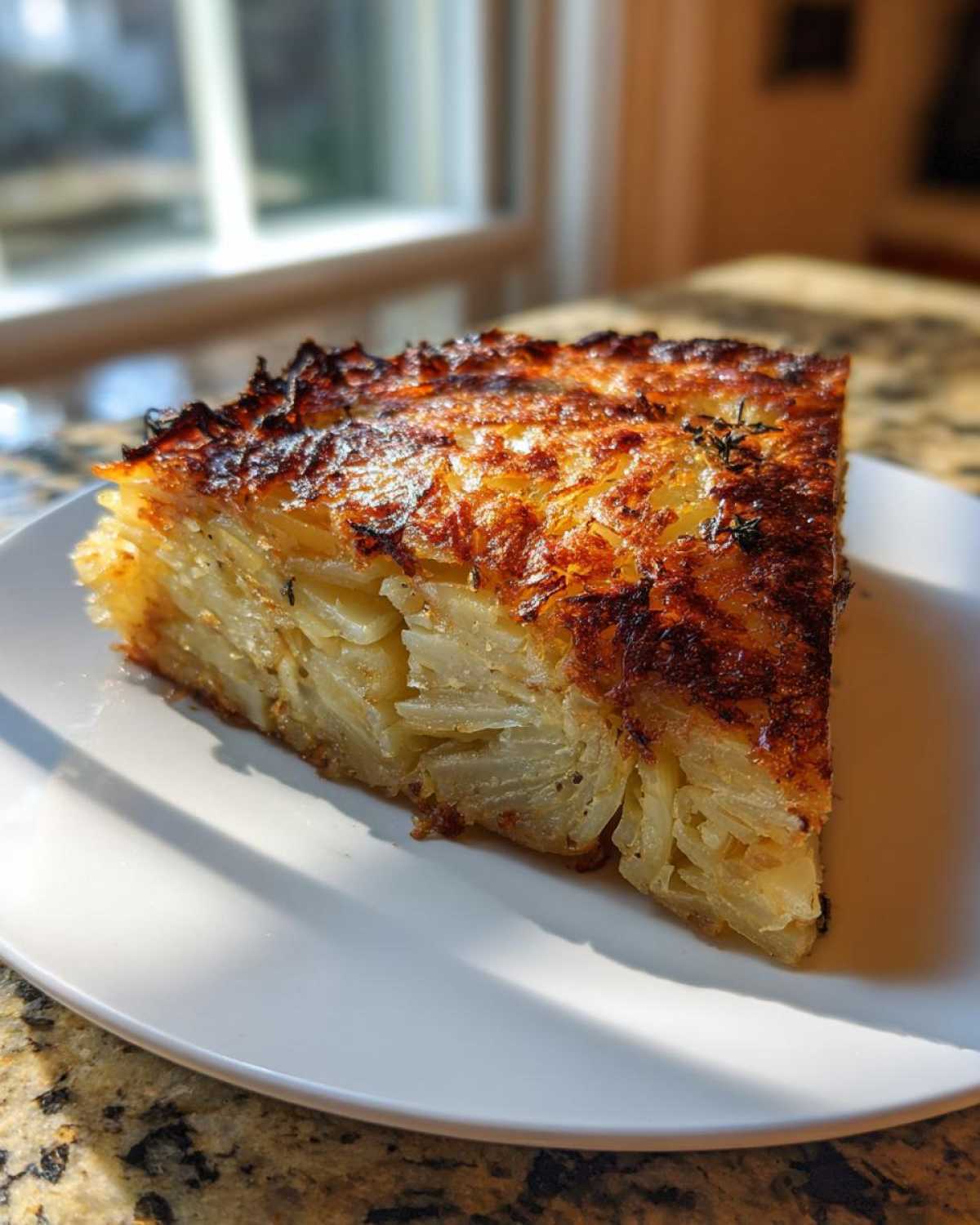 A wedge of Balsamic Thyme Potato Torte showing many thin, crispy layers and a golden-brown top.