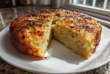 A golden-brown Balsamic Thyme Potato Torte, sliced to show its many crispy layers, served on a white plate.