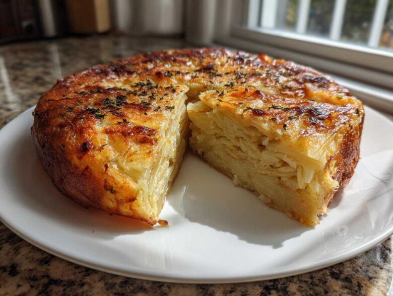A golden-brown Balsamic Thyme Potato Torte, sliced to show its many crispy layers, served on a white plate.