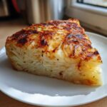 A thick slice of Balsamic Thyme Potato Torte showing crispy, browned layers on top and soft potato layers inside, served on a white plate.