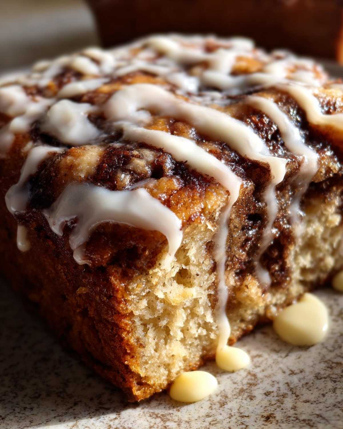 Close-up of a moist slice of Banana Bread Batter Cinnamon Buns drizzled heavily with white vanilla icing.