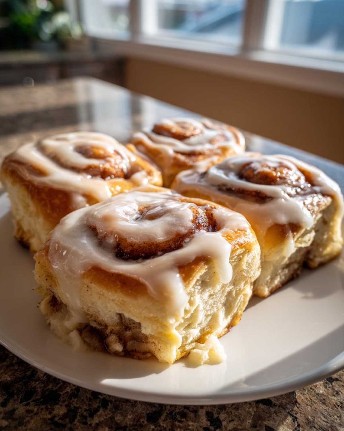 Four freshly baked Banana Bread Cinnamon Rolls covered in sweet white icing on a white plate.