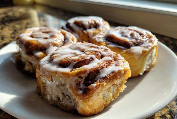 Four freshly baked Banana Bread Cinnamon Rolls with white icing drizzled on top, sitting on a white plate.