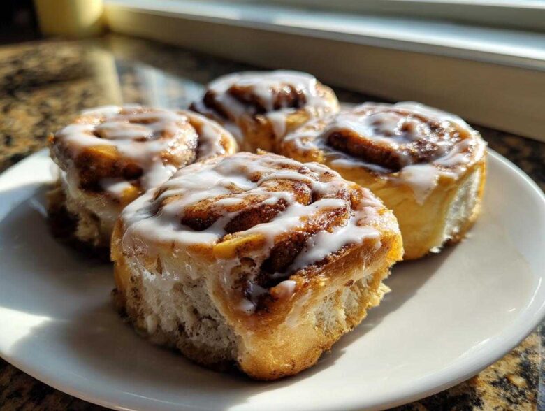 Four freshly baked Banana Bread Cinnamon Rolls with white icing drizzled on top, sitting on a white plate.