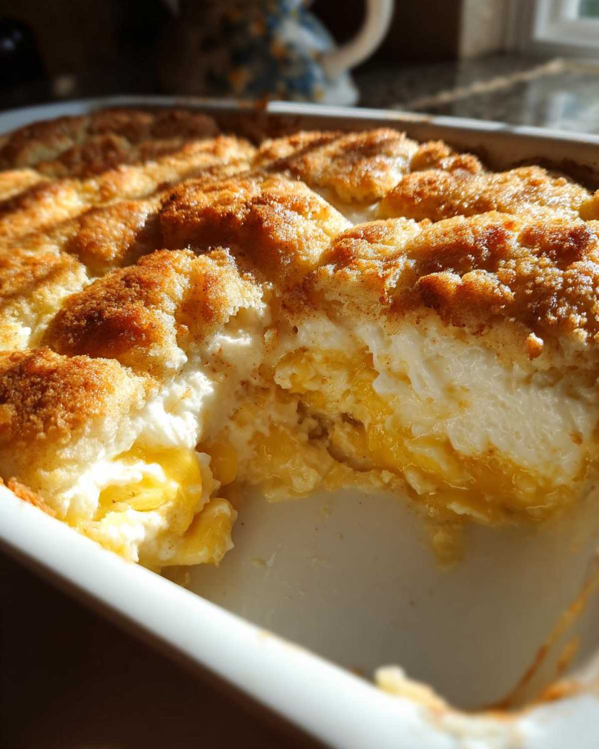 Close-up of a portion removed from the Banana Pudding Cobbler, showing the creamy filling and golden, sugary topping.