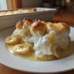 A serving of moist Banana Pudding Cobbler topped with whipped cream and sliced bananas in a sweet sauce.