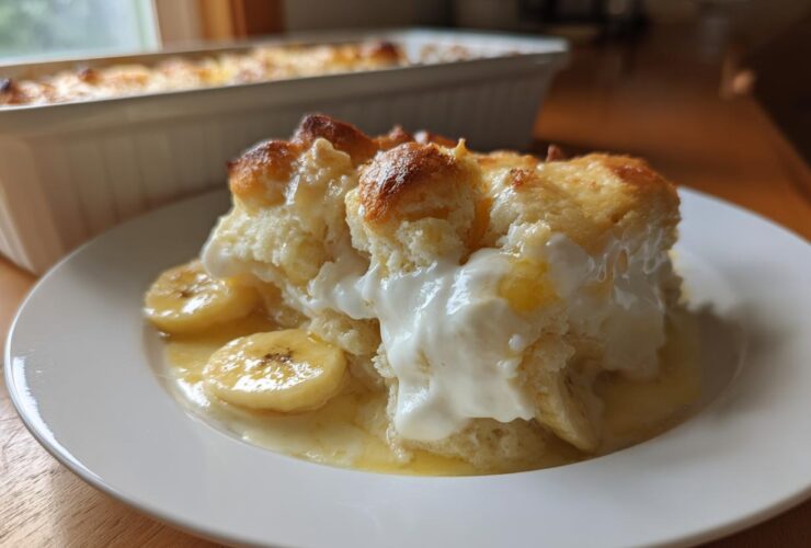 A serving of moist Banana Pudding Cobbler topped with whipped cream and sliced bananas in a sweet sauce.
