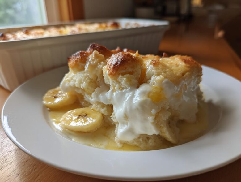 A serving of moist Banana Pudding Cobbler topped with whipped cream and sliced bananas in a sweet sauce.