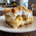 A decadent slice of Banana Pudding Cobbler featuring layers of creamy pudding, sliced bananas, and a crumbly topping.