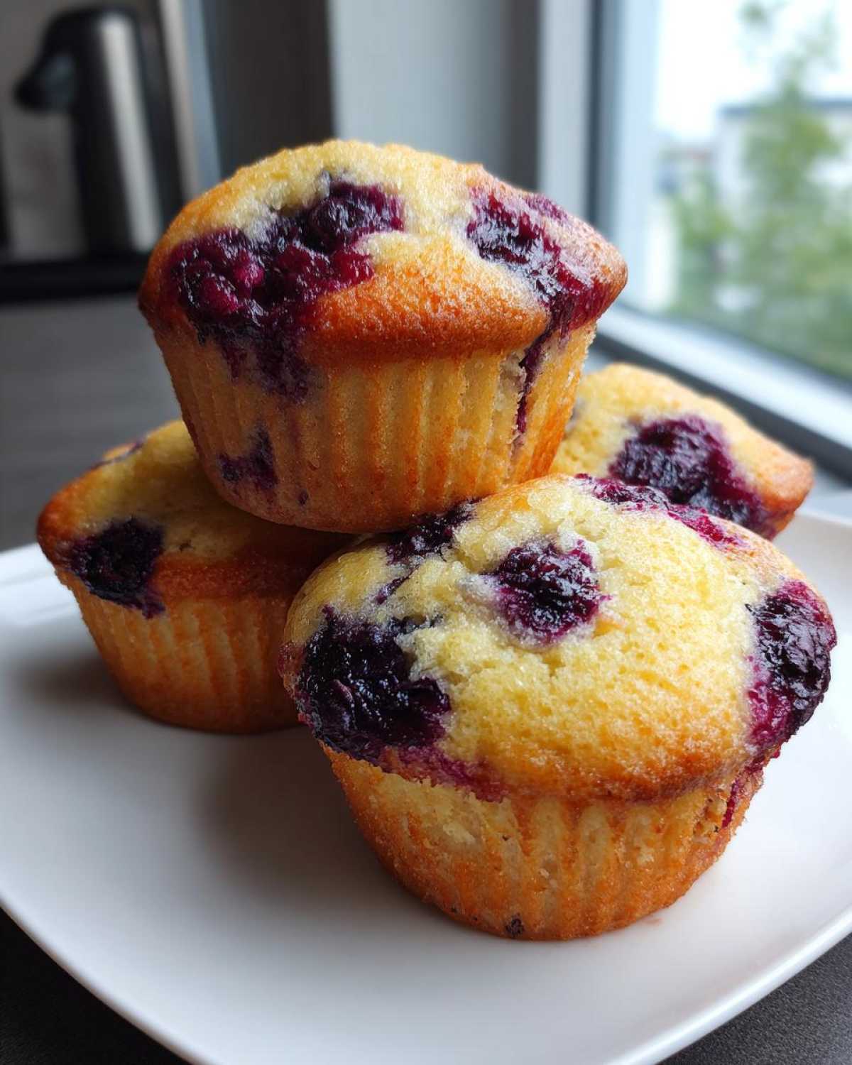 A stack of four golden-brown Blueberry Cottage Cheese Muffins with visible bursts of dark purple blueberries on a white plate.