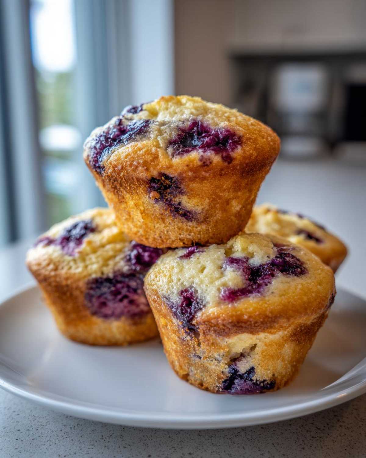 A stack of four golden-brown Blueberry Cottage Cheese Muffins studded with juicy blueberries, resting on a white plate.