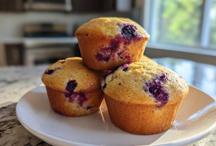 Three golden-brown Blueberry Cottage Cheese Muffins stacked on a white plate near a bright window.