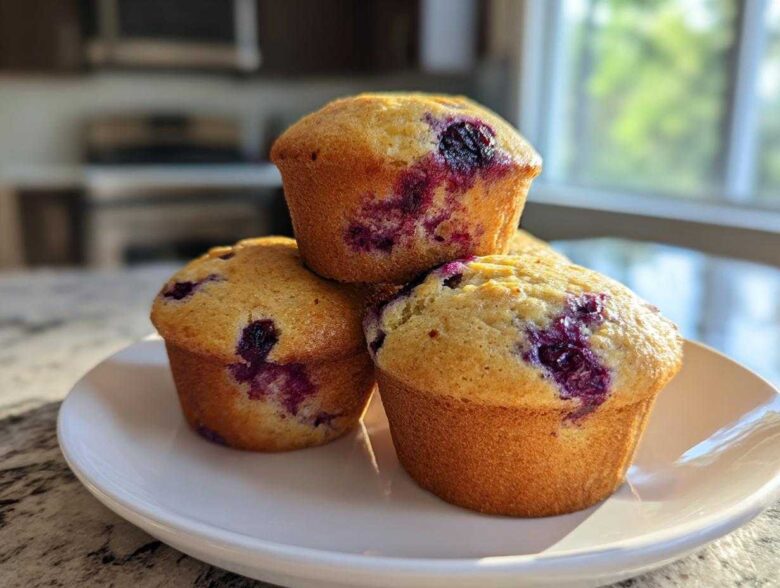 Three golden-brown Blueberry Cottage Cheese Muffins stacked on a white plate near a bright window.