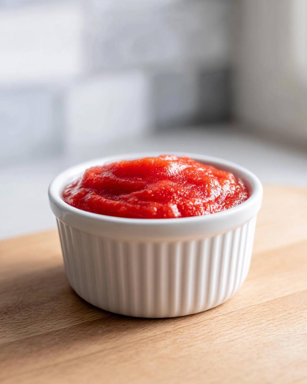 A small white ramekin filled with bright red, thick homemade cocktail sauce recipe.