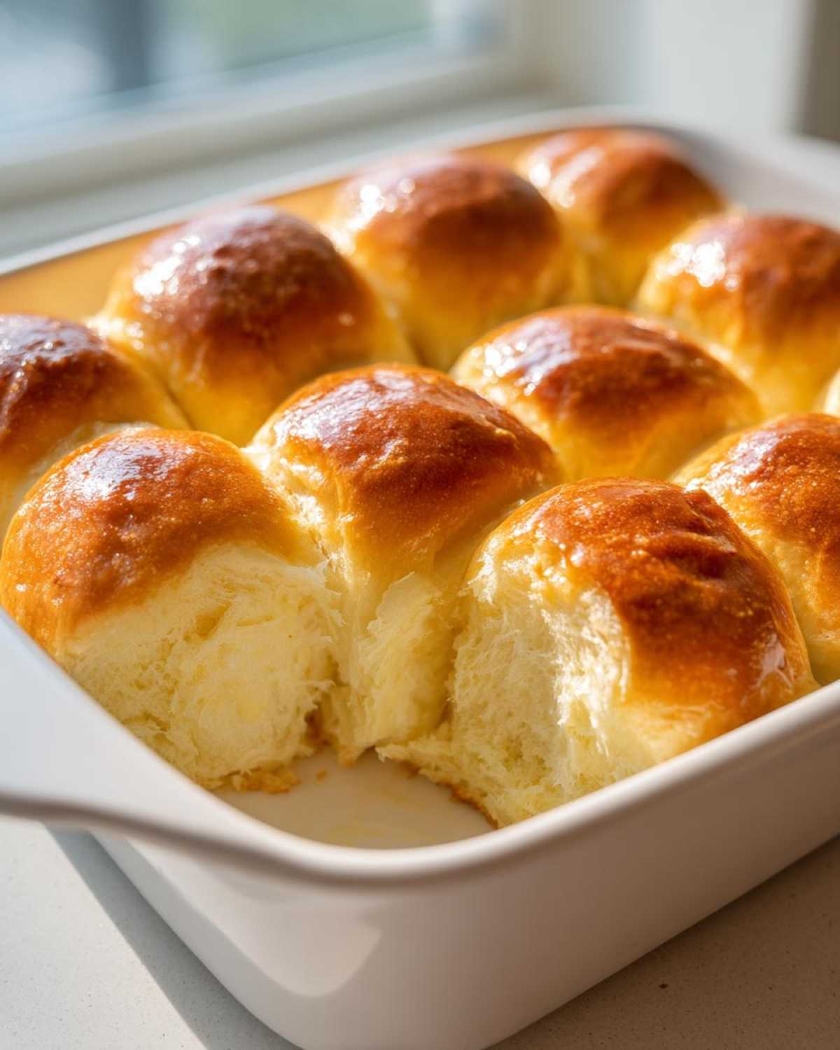 A close-up of golden brown, buttery rolls pulled apart in a white baking dish, showing their soft interior.