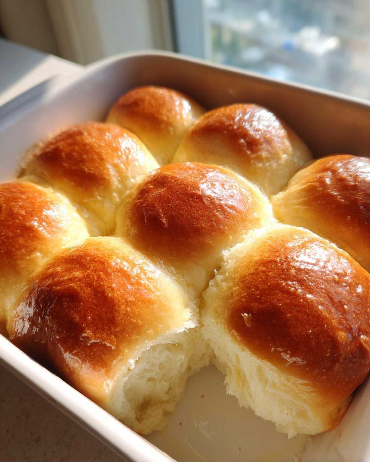 Close-up of golden brown, buttery rolls baked together in a white dish, showing a soft interior where one has been pulled apart.