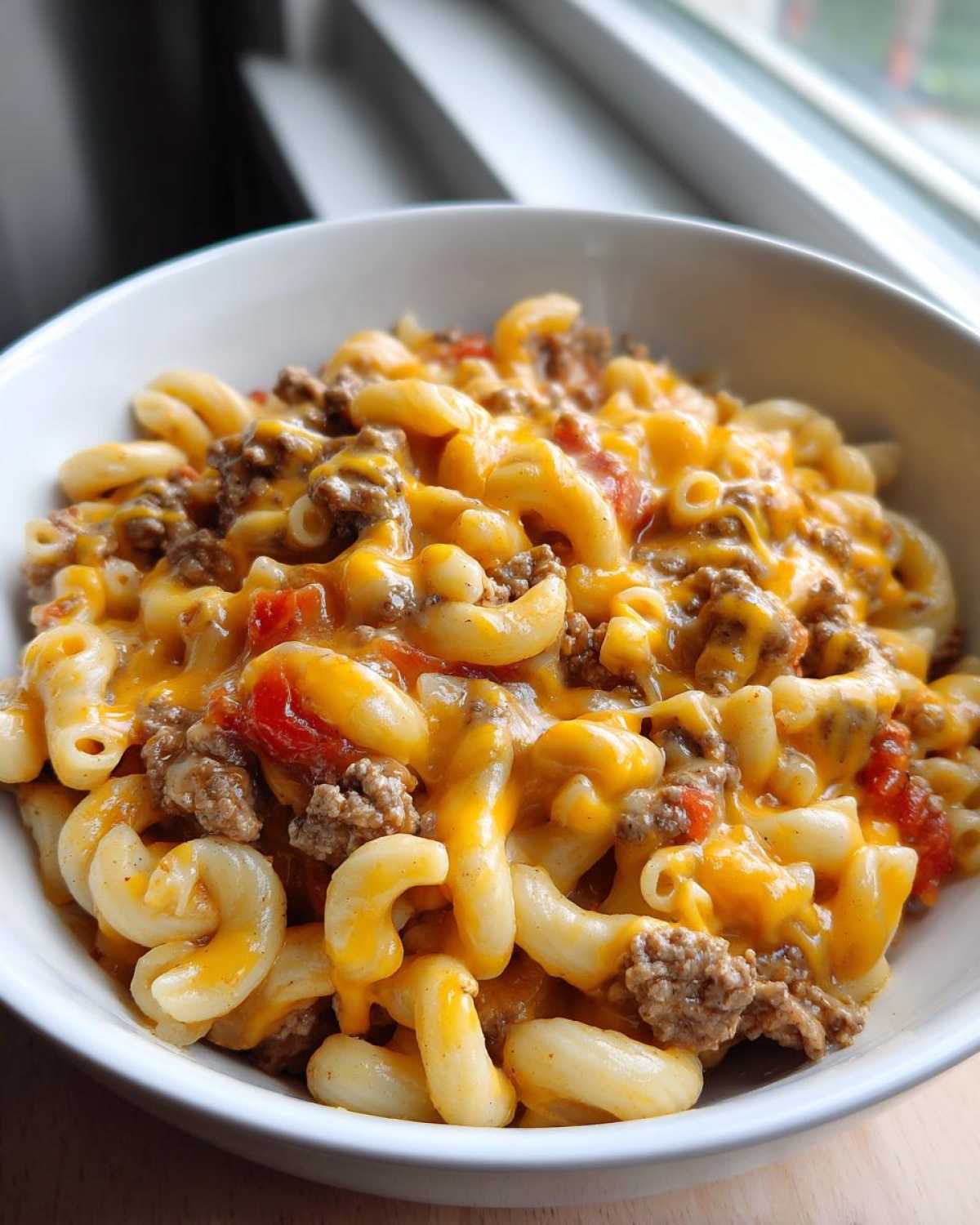 A close-up view of a white bowl filled with creamy, cheesy taco pasta mixed with ground beef and tomatoes.