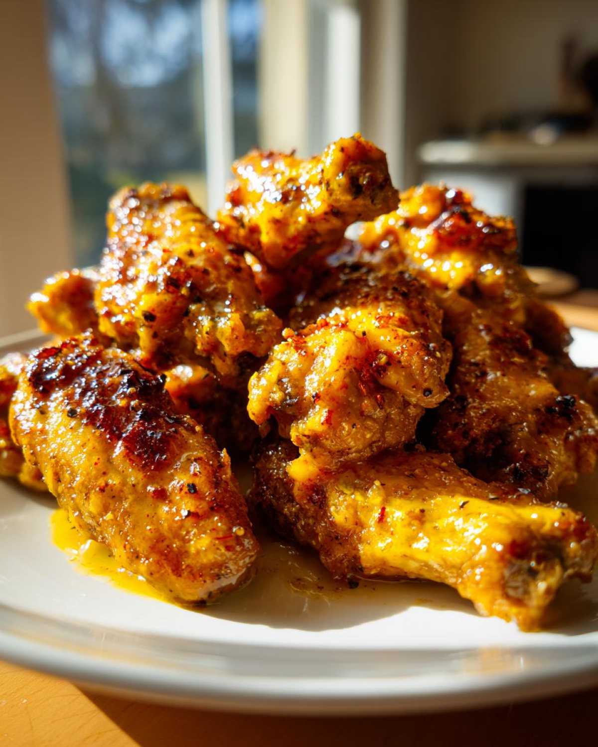 A pile of golden, glossy chicken wings coated in Copycat Garlic Parmesan Wing Sauce on a white plate.