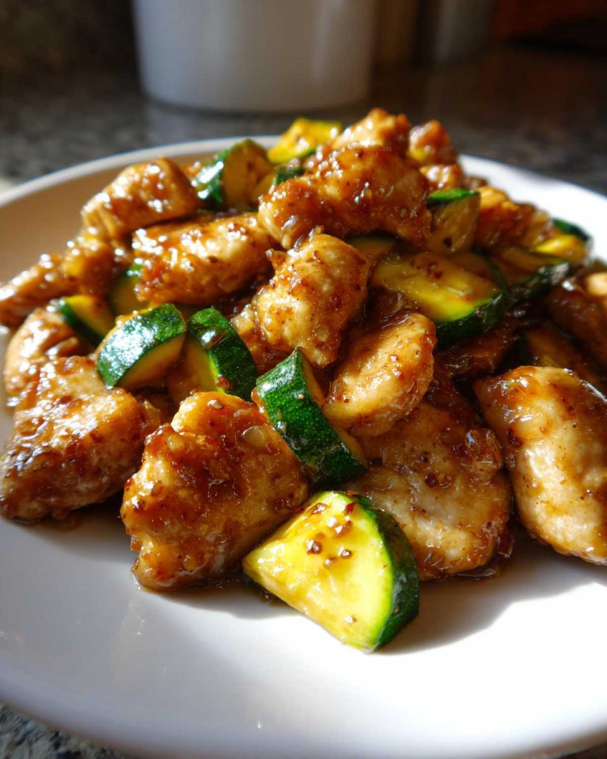 Close-up of bite-sized pieces of chicken and bright green zucchini tossed in a savory brown sauce, ready to eat chicken zucchini stir fry.