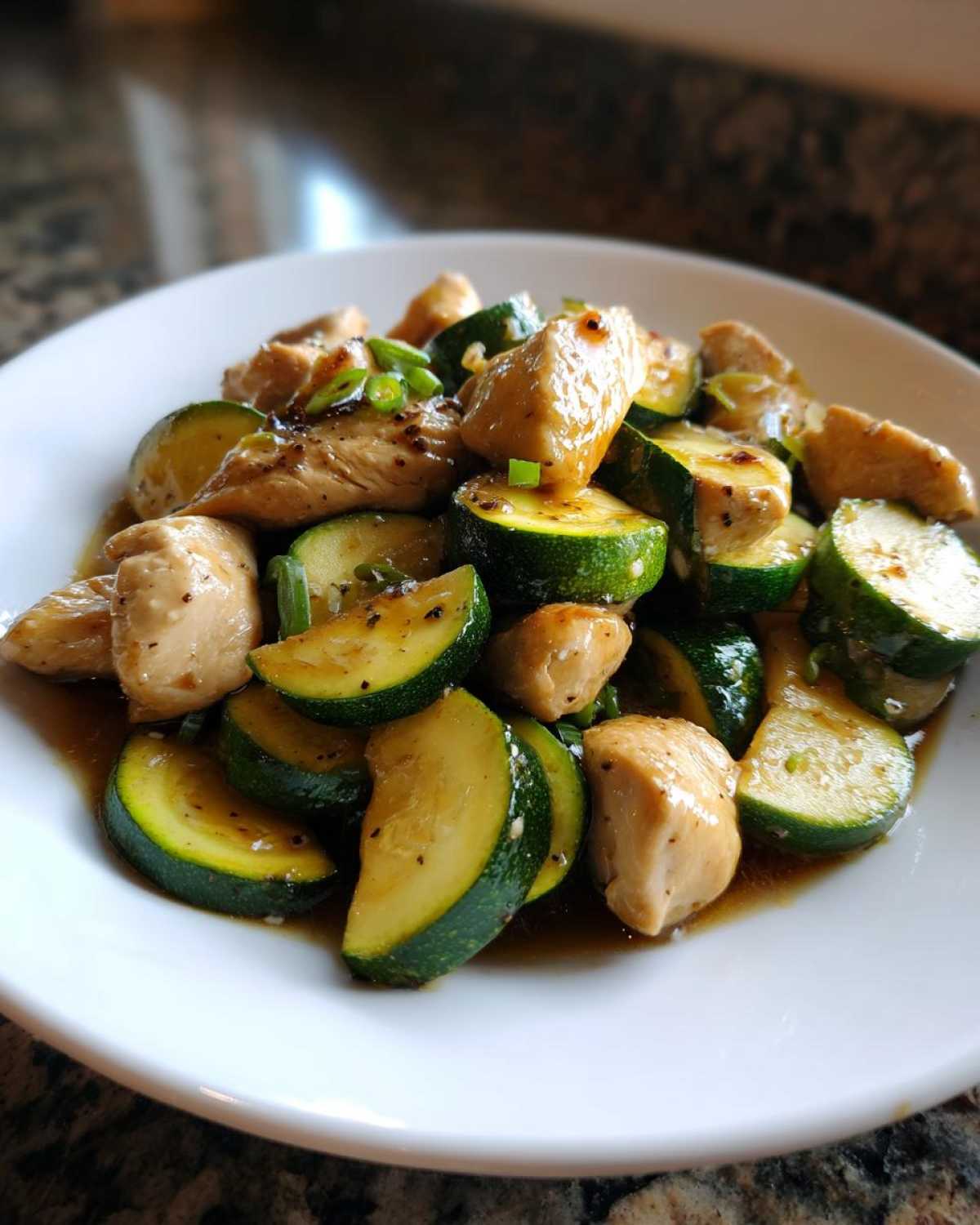 A close-up view of a serving of chicken zucchini stir fry with glossy sauce and green onions on a white plate.