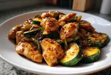 A close-up of a white plate filled with glistening chicken zucchini stir fry, topped with sesame seeds and chili flakes.