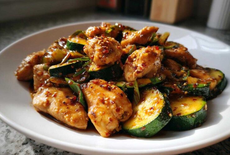 A close-up of a white plate filled with glistening chicken zucchini stir fry, topped with sesame seeds and chili flakes.