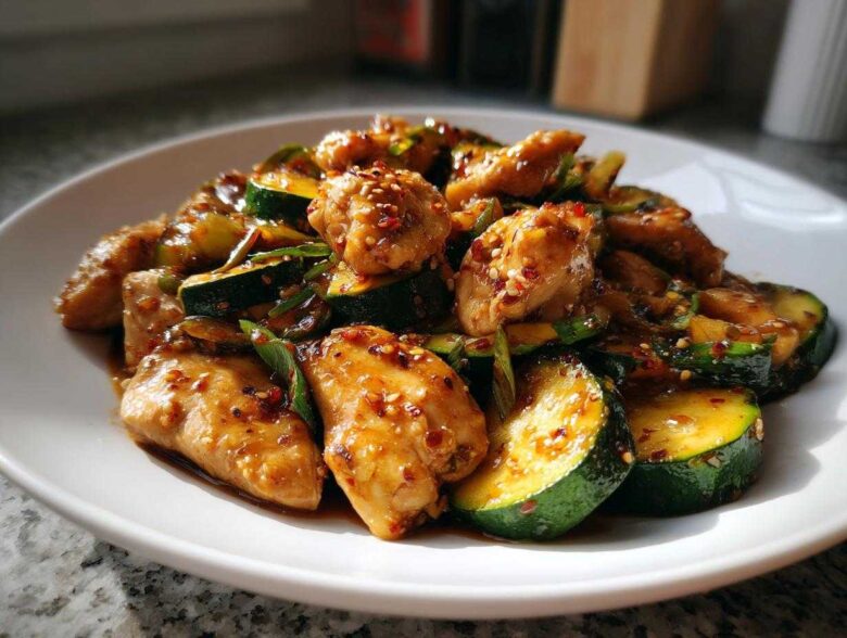 A close-up of a white plate filled with glistening chicken zucchini stir fry, topped with sesame seeds and chili flakes.