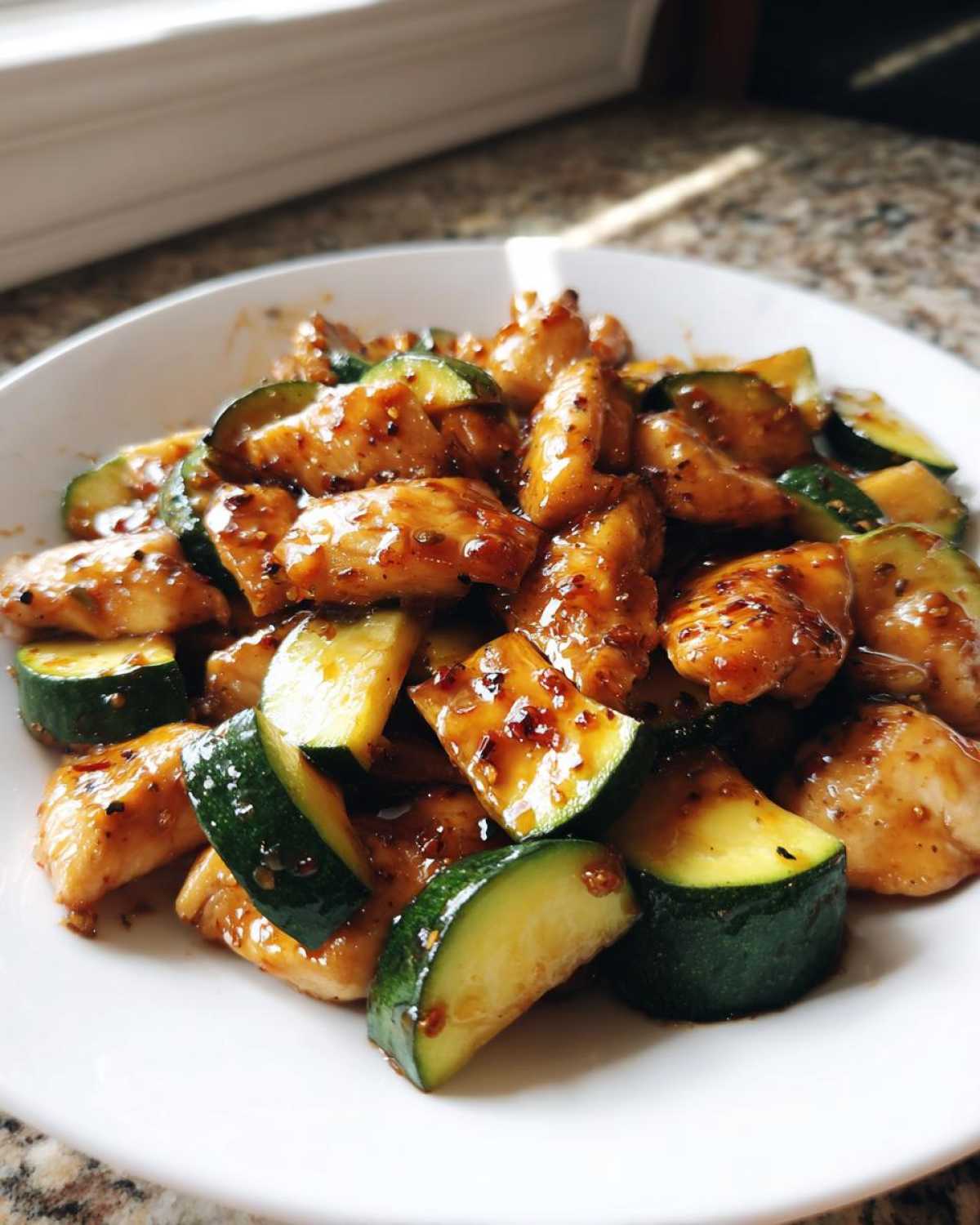 Close-up of glossy, saucy chicken zucchini stir fry pieces served in a white bowl.