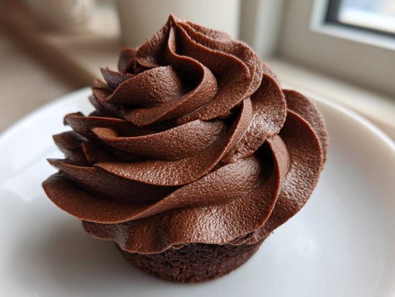 Close-up of a cupcake topped with rich, dark chocolate buttercream frosting piped in a beautiful swirl.