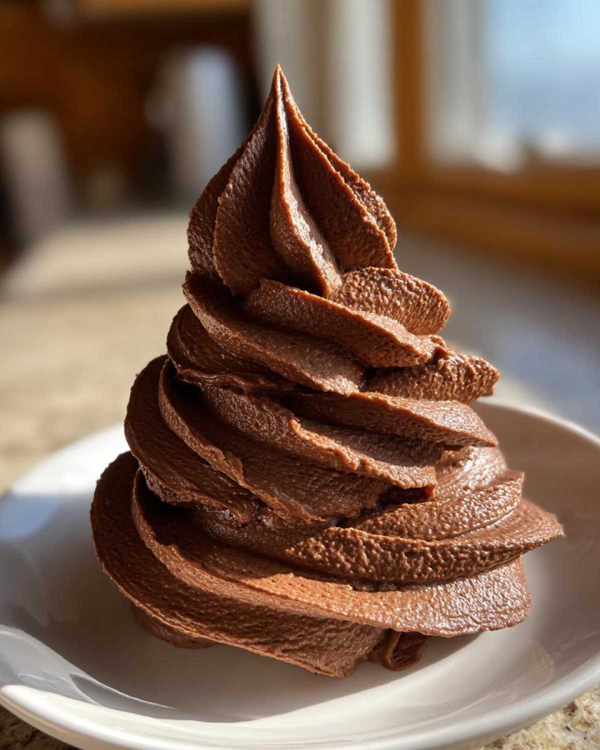A tall, perfectly piped swirl of rich, dark chocolate buttercream frosting sitting in a white bowl.