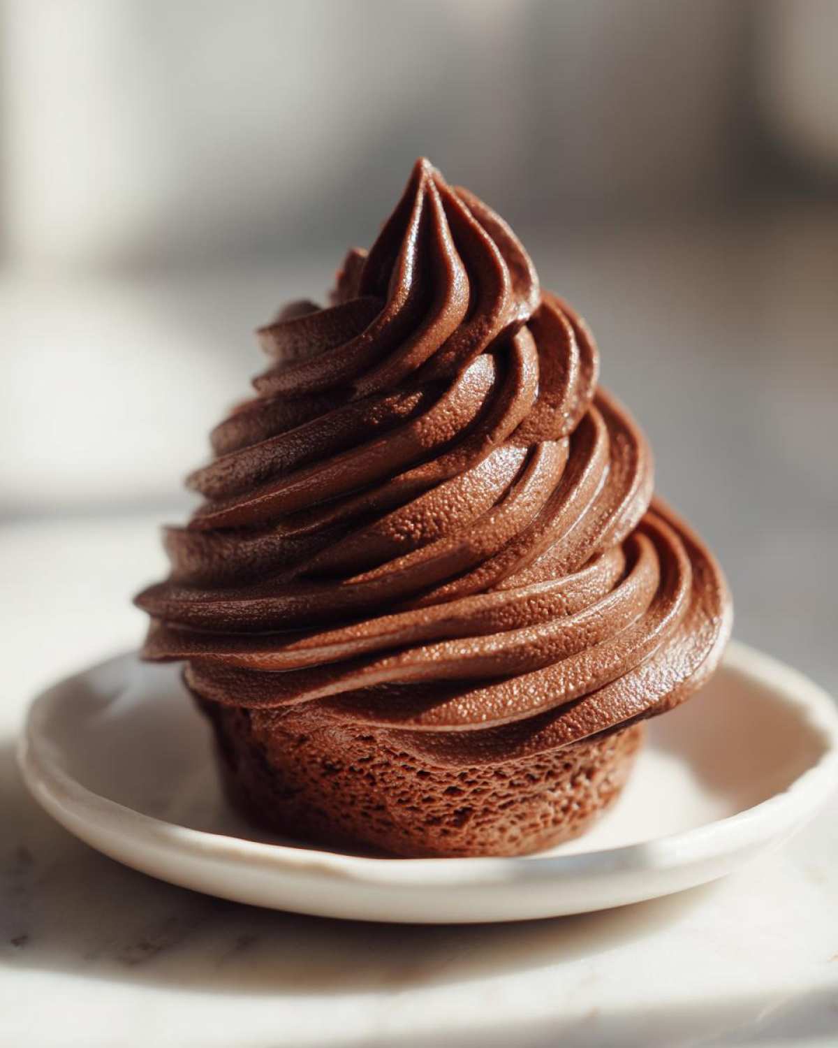 Close-up of a rich, dark chocolate buttercream frosting piped high onto a small chocolate base, sitting on a white saucer.