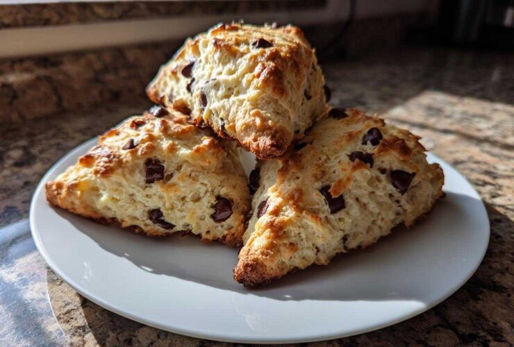 Three freshly baked chocolate chip scones, golden brown and studded with dark chocolate chunks, stacked on a white plate.