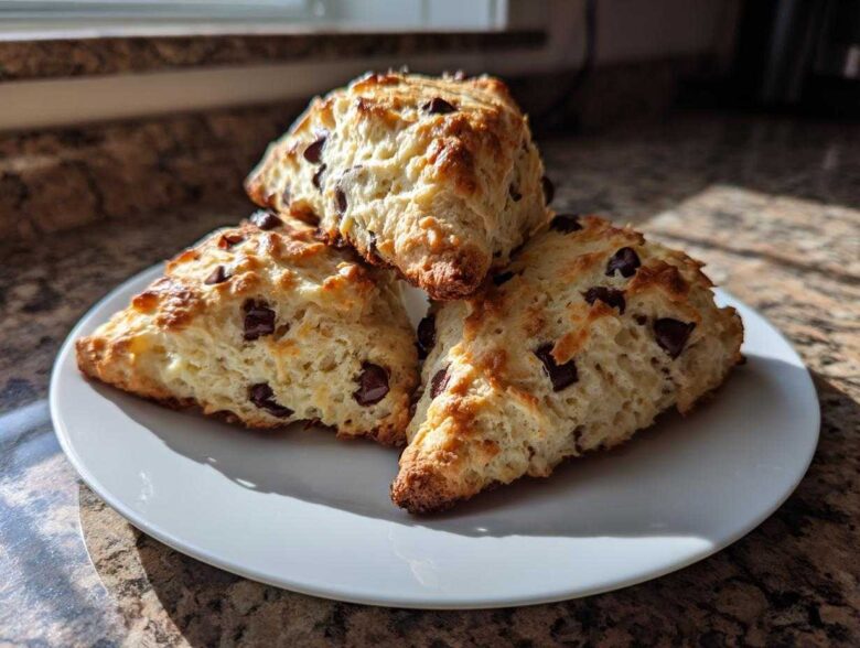 Three freshly baked chocolate chip scones, golden brown and studded with dark chocolate chunks, stacked on a white plate.
