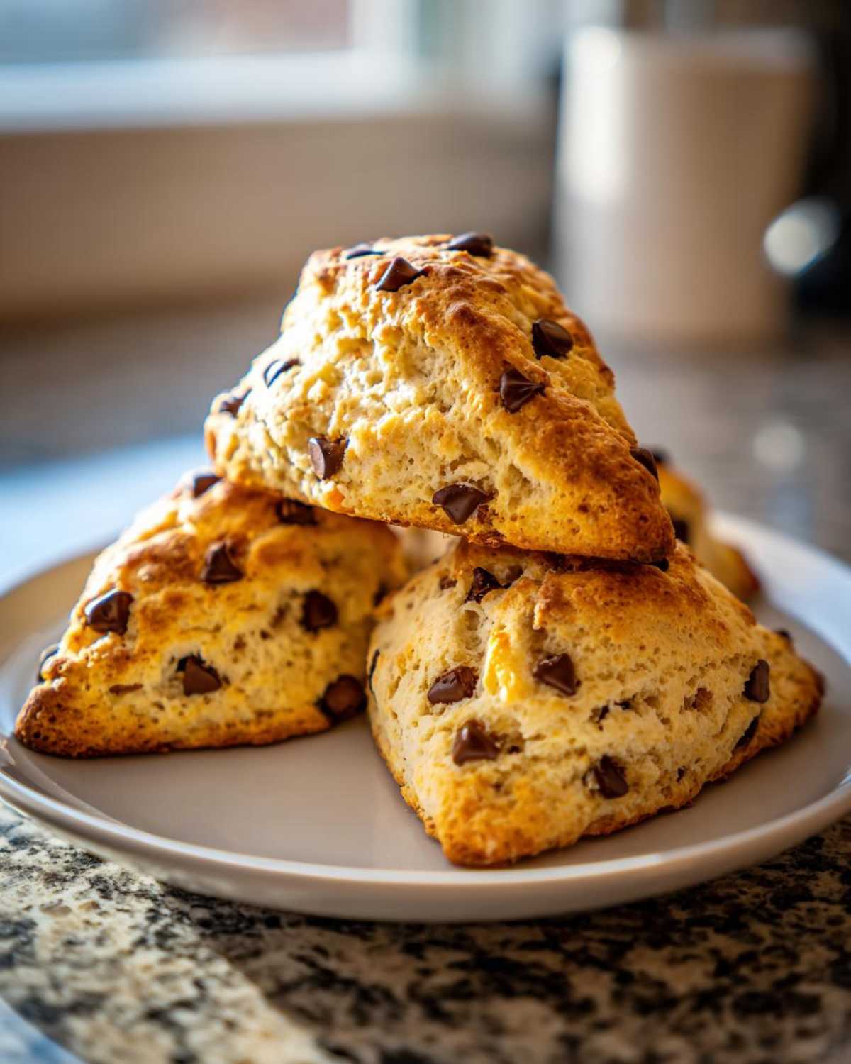 A stack of three freshly baked, golden brown chocolate chip scones piled on a white plate.