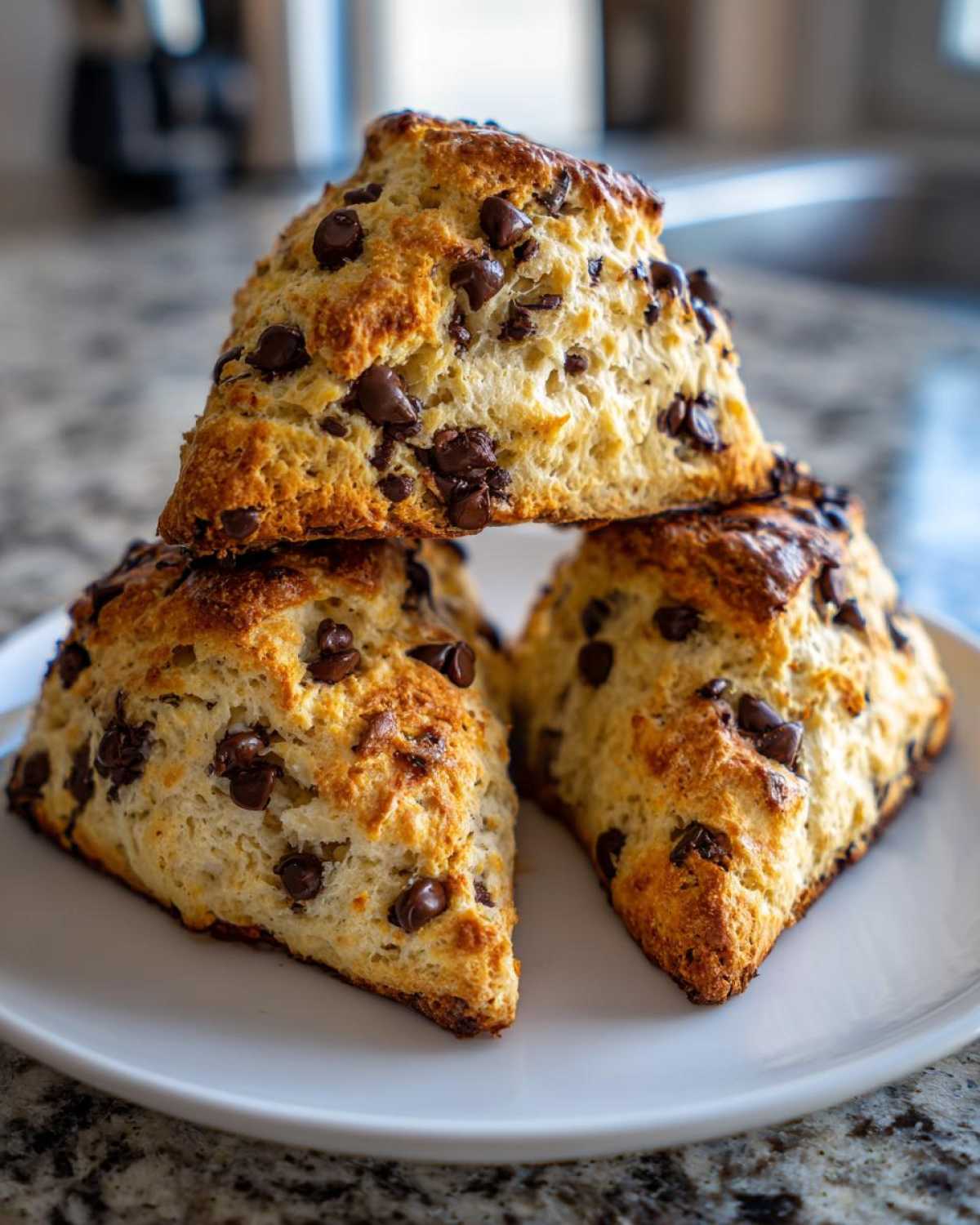 Three freshly baked, triangular chocolate chip scones stacked on a white plate.