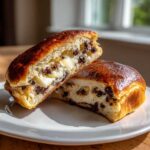 A chocolate chip vanilla custard brioche cut in half, showing rich vanilla custard and chocolate chips inside the soft bread.