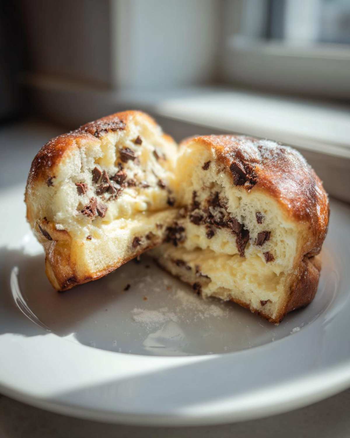 A chocolate chip vanilla custard brioche cut in half, revealing creamy vanilla custard and chocolate chunks inside.