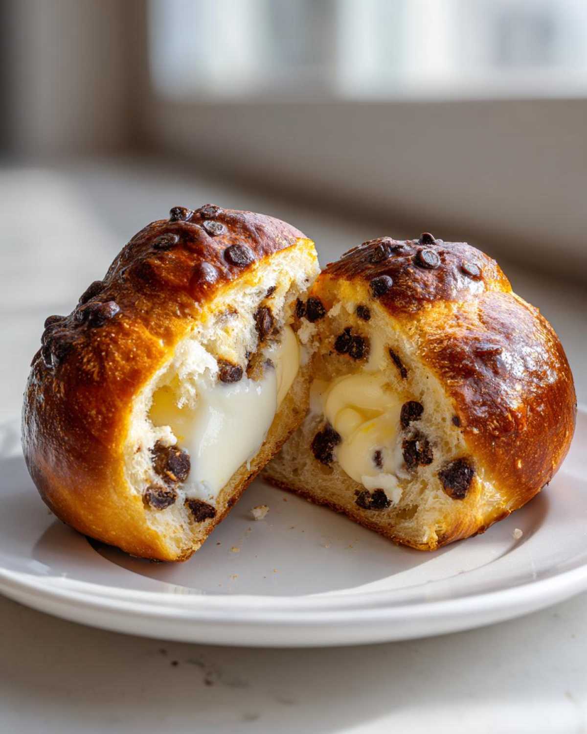 A chocolate chip vanilla custard brioche cut in half, revealing rich vanilla custard filling inside the sweet bread.