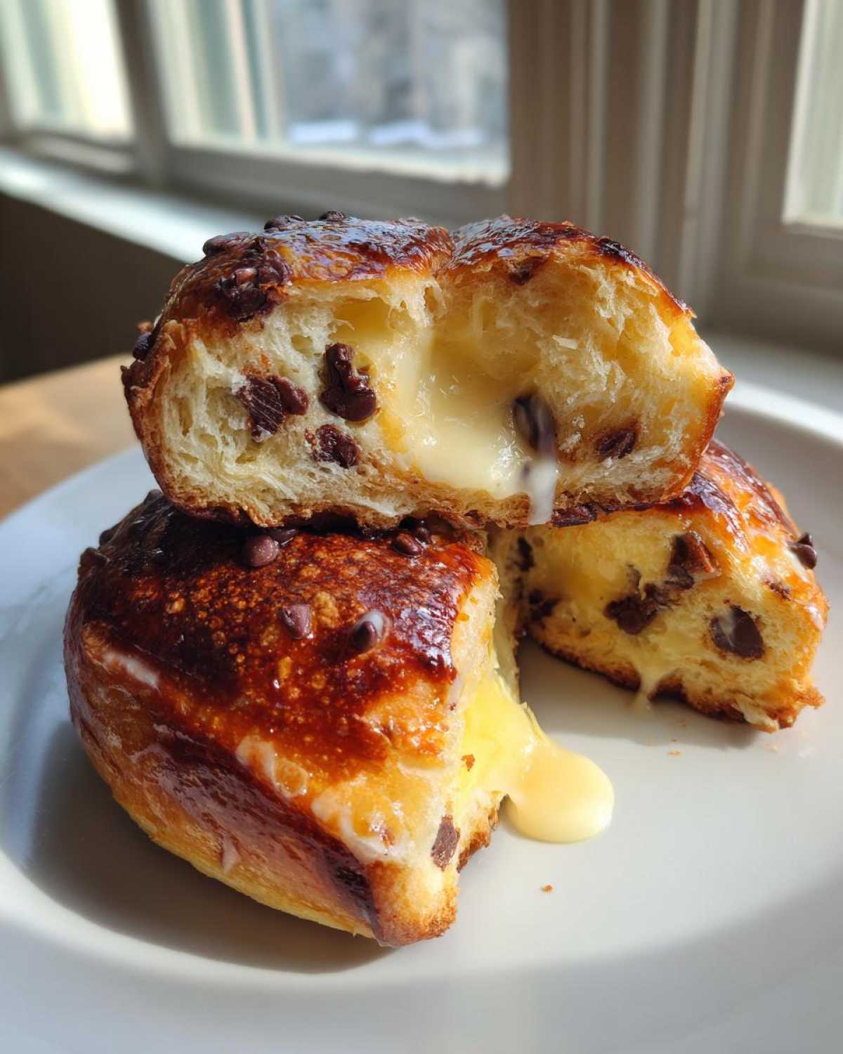 Two halves of a chocolate chip vanilla custard brioche showing the rich, oozing vanilla custard filling.