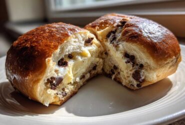 Close-up of a freshly baked chocolate chip vanilla custard brioche cut in half, showing the creamy filling and chocolate chips.
