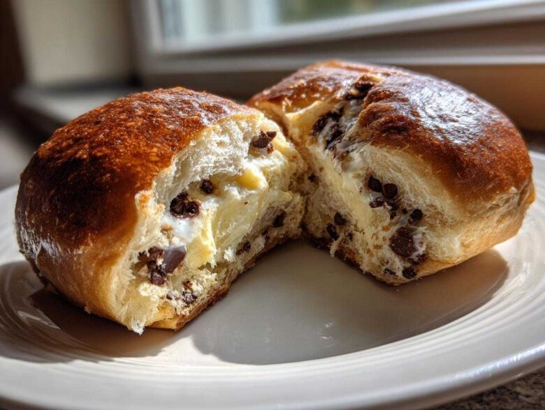 Close-up of a freshly baked chocolate chip vanilla custard brioche cut in half, showing the creamy filling and chocolate chips.